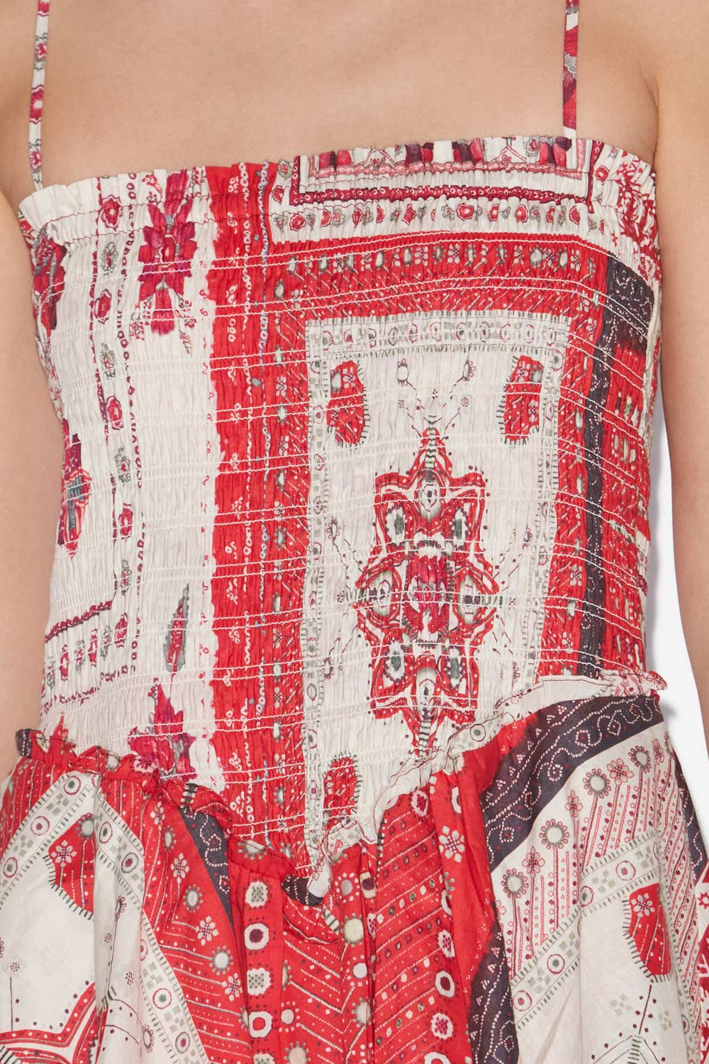 Robe anka smockée en voile de coton imprimé - Rouge et écru - Woman - 3