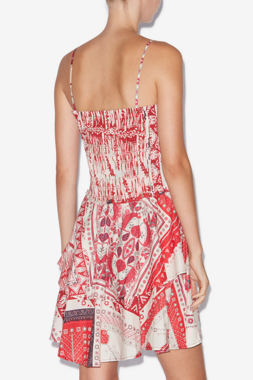 Robe anka smockée en voile de coton imprimé - Rouge et écru - Woman - 5
