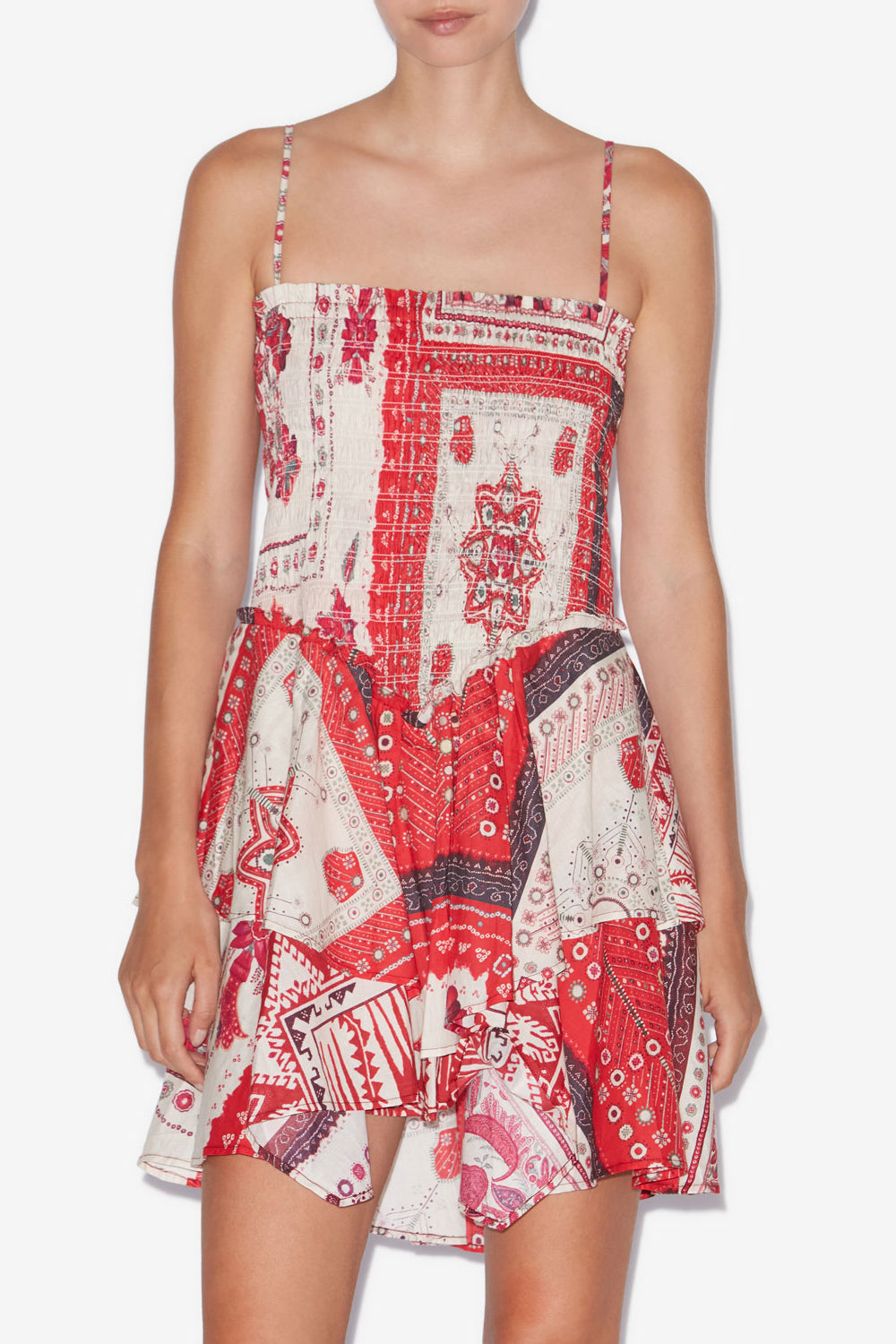 Robe anka smockée en voile de coton imprimé - Rouge et écru - Woman - 4
