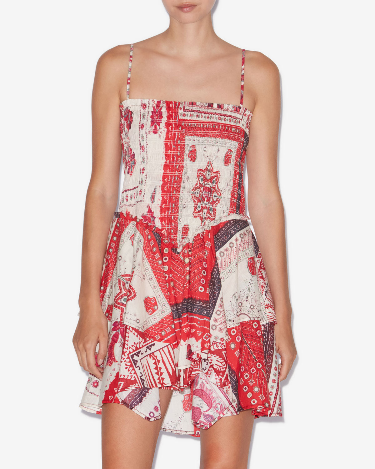 Abito anka in voile di cotone con punto smock e stampa - Red and ecru - Woman - 3