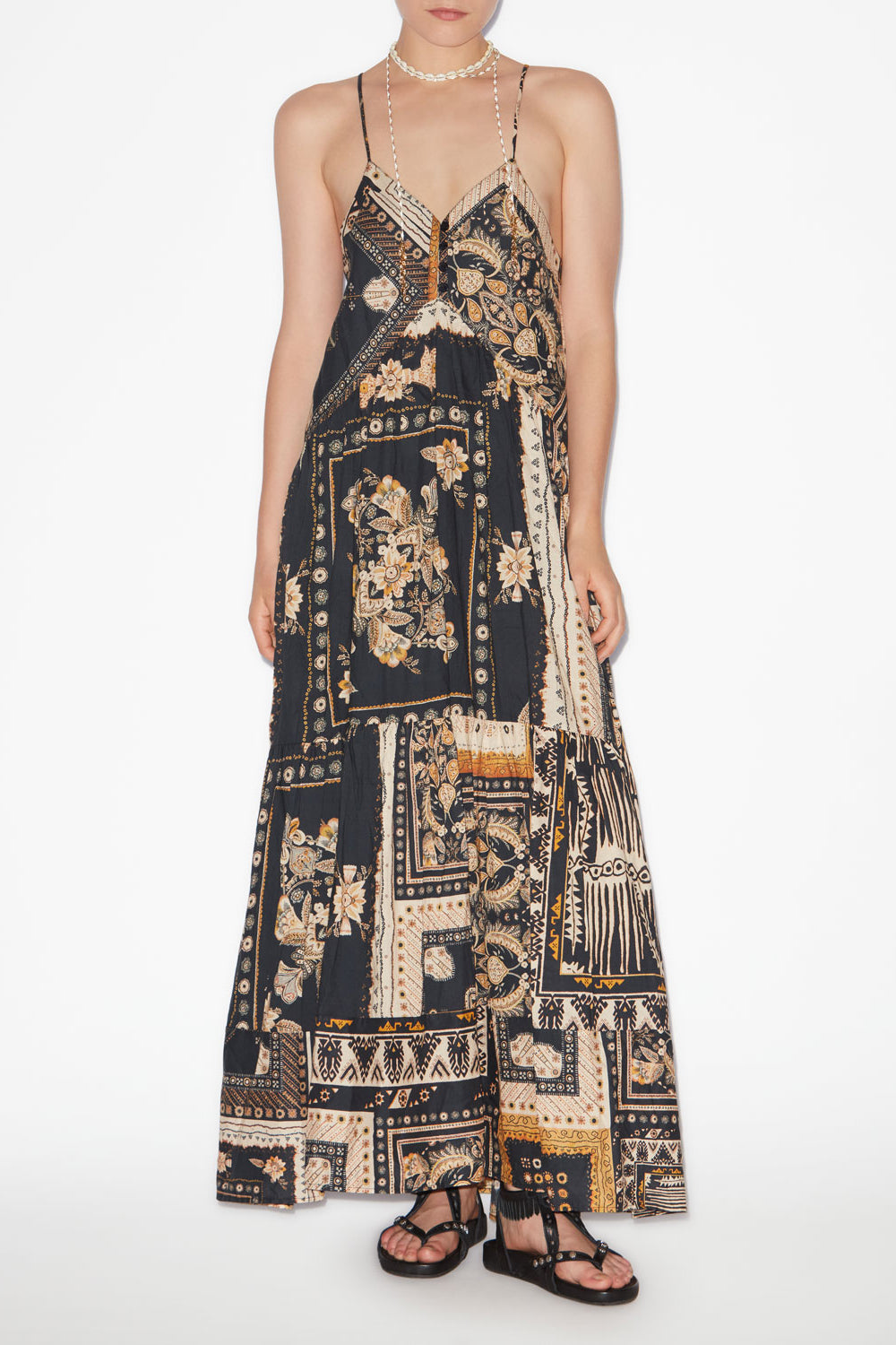 Robe longue à bretelles sabba imprimée bandana - Noir-ocre - Woman - 2