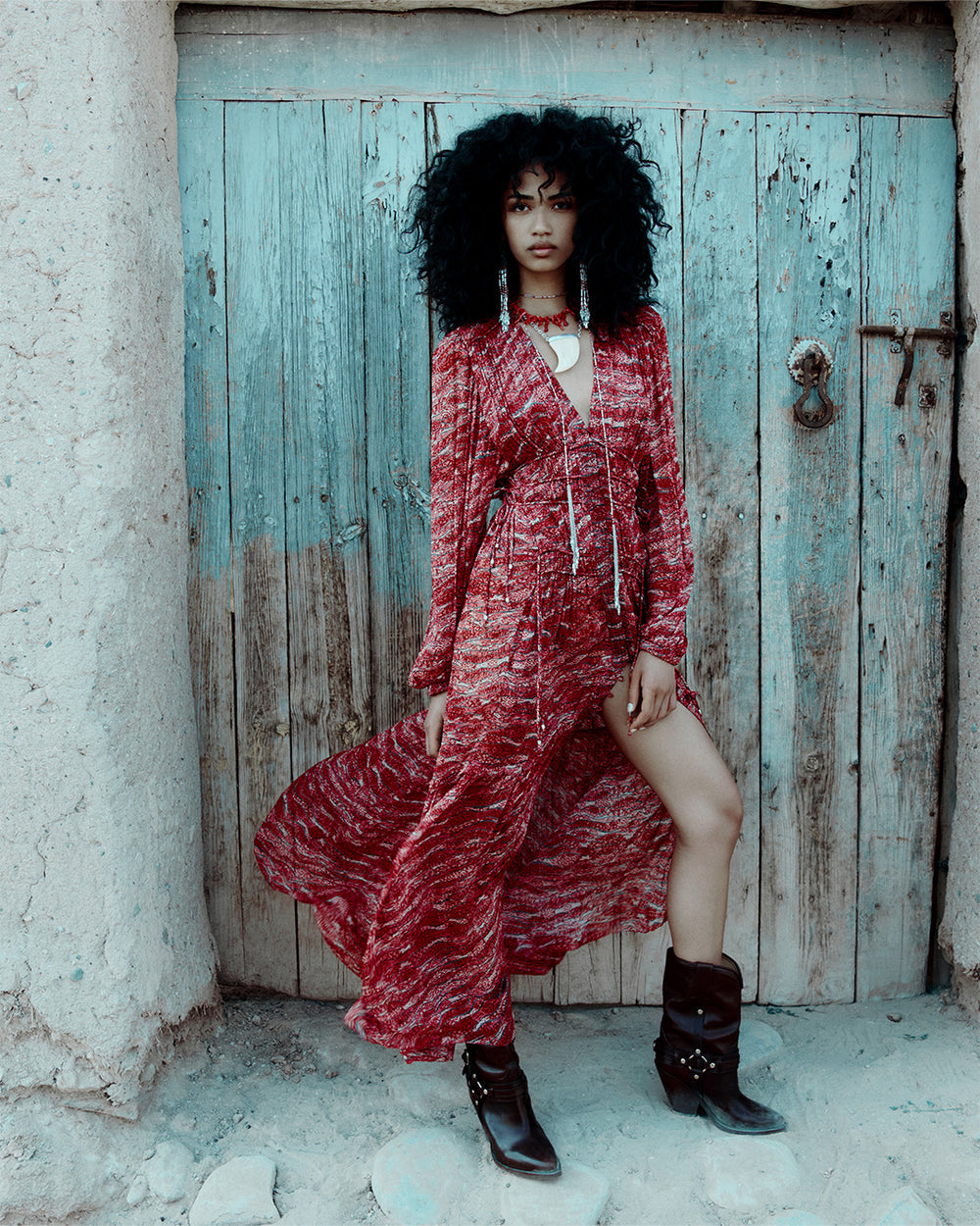 Robe longue amara en mousseline froncée - Rouge - Woman - 1