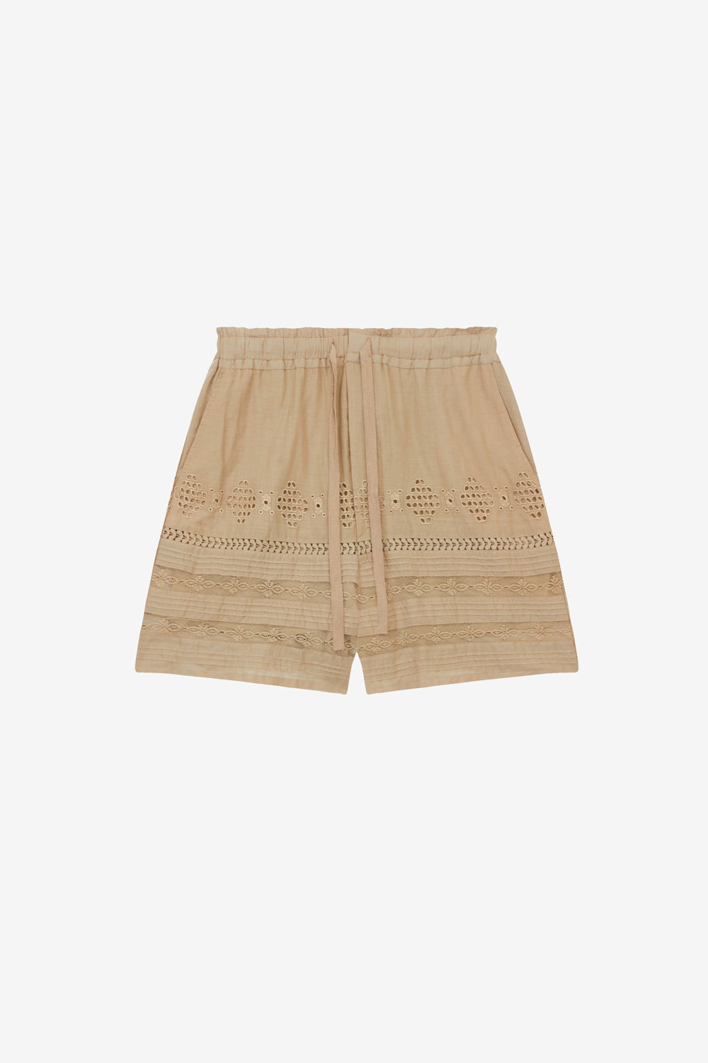 Shorts corti damina in voile di cotone finemente lavorato - Light khaki - Woman - 1