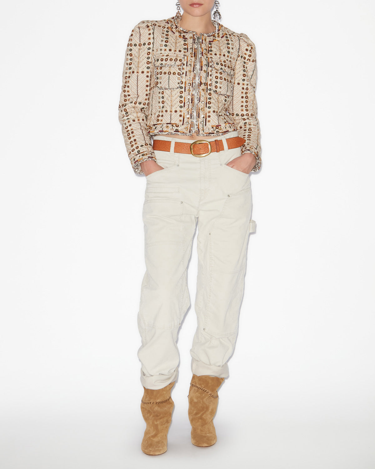 크리스티 프린트 면 크롭 재킷 - 에크루 - Woman - 1