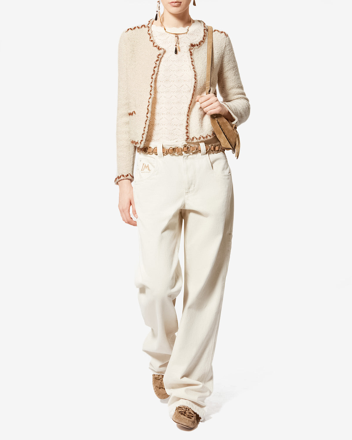 Cardigan rochelle in tweed di lana merino - Ecru-bronze - Woman - 1