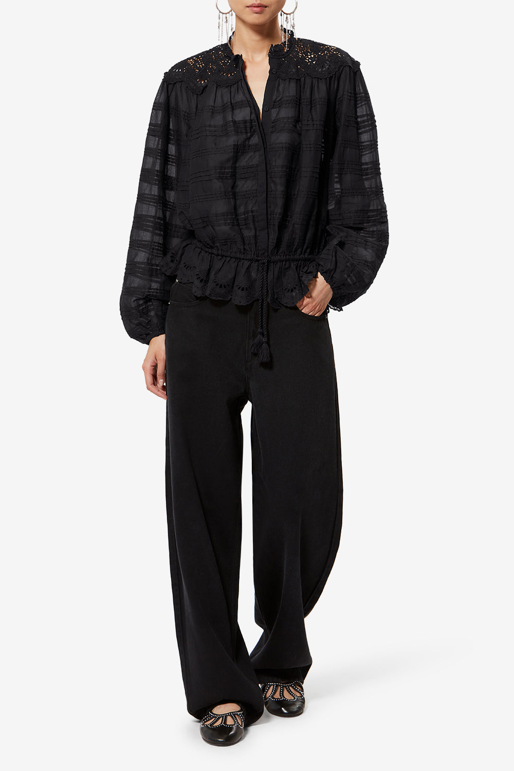 Blouse polly en coton et dentelle fleurie - Noir - Woman - 2