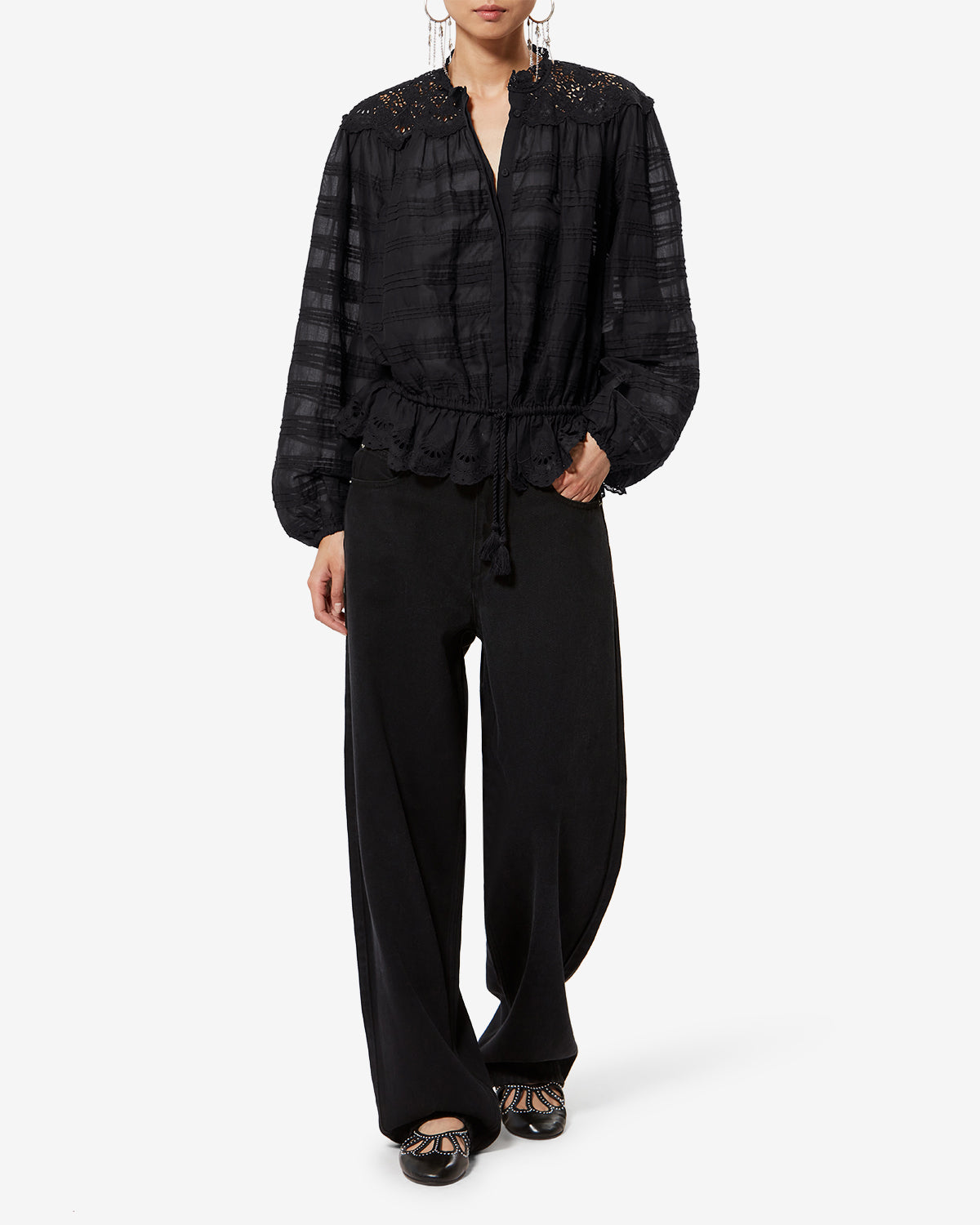 Blouse polly en coton et dentelle fleurie - Noir - Woman - 1