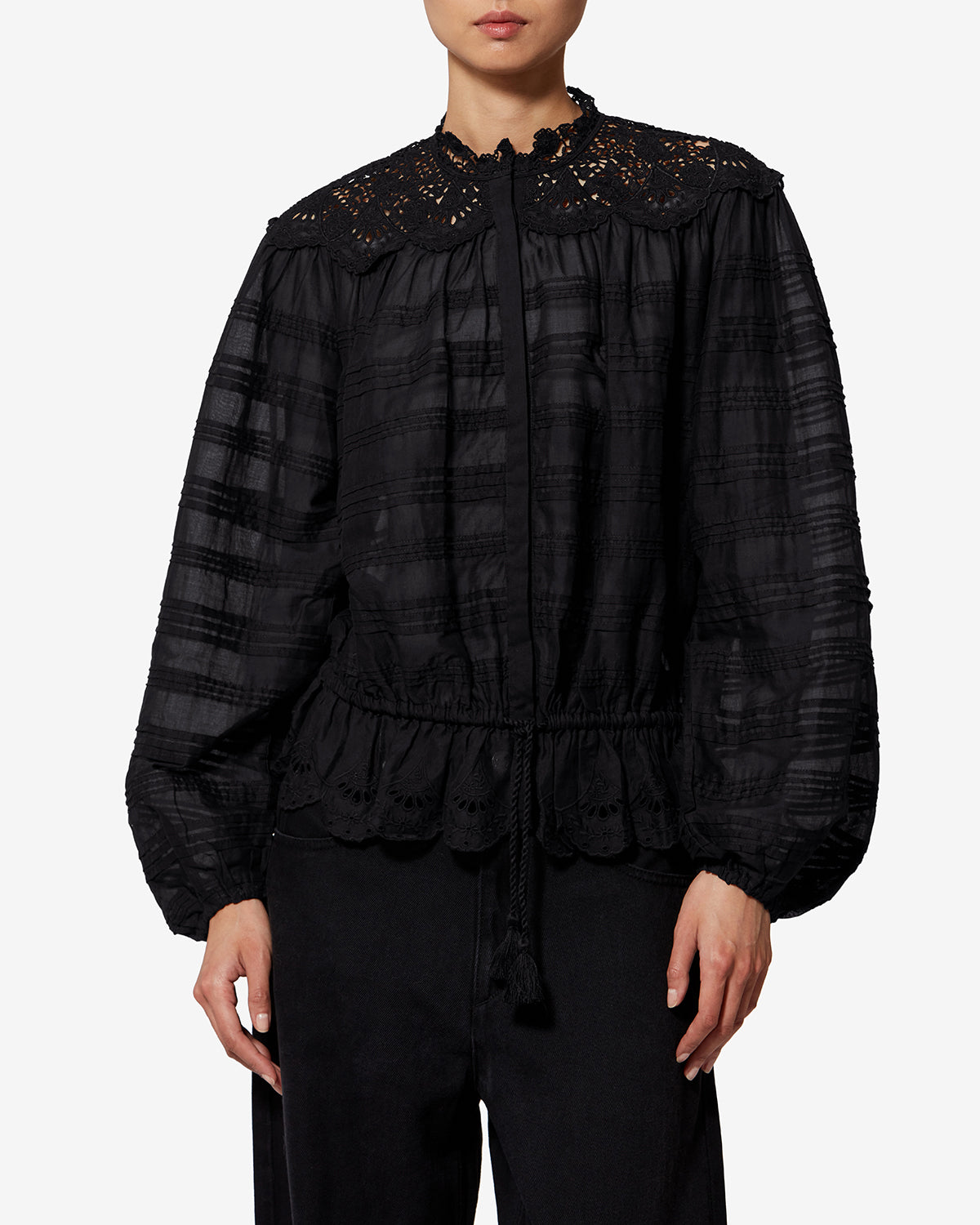 Blouse polly en coton et dentelle fleurie - Noir - Woman - 3