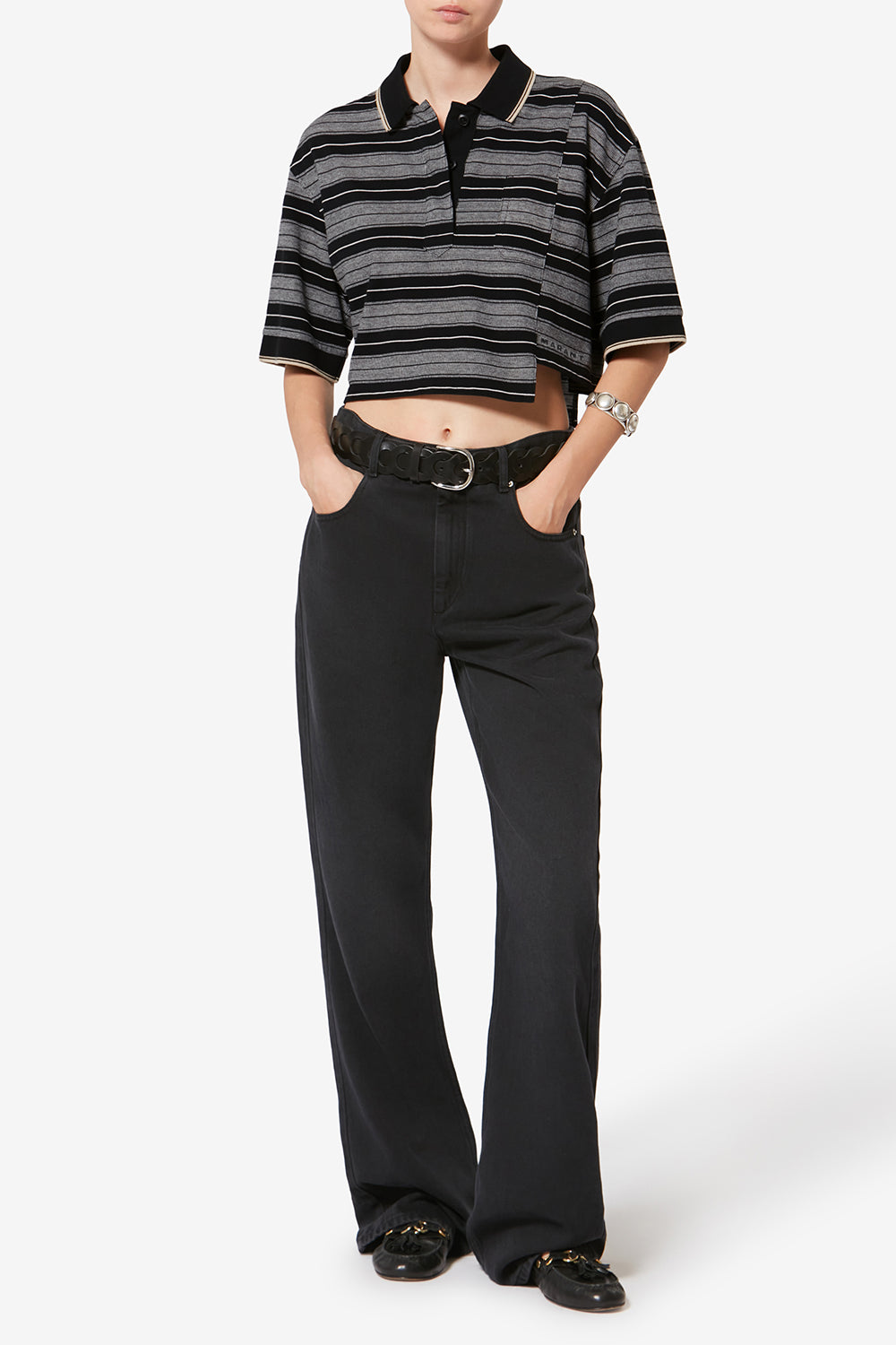 Isalyne striped cotton piqué polo shirt - Black and ecru - Woman - 2