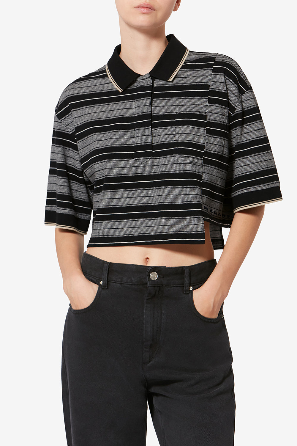 Isalyne striped cotton piqué polo shirt - Black and ecru - Woman - 4