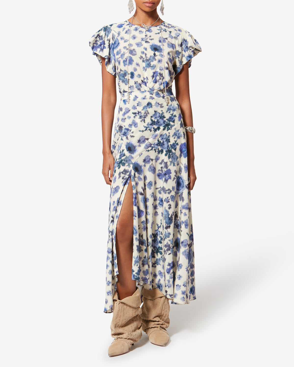 Gonna lunga sakura in seta stretch con stampa - Blu - Woman - 1