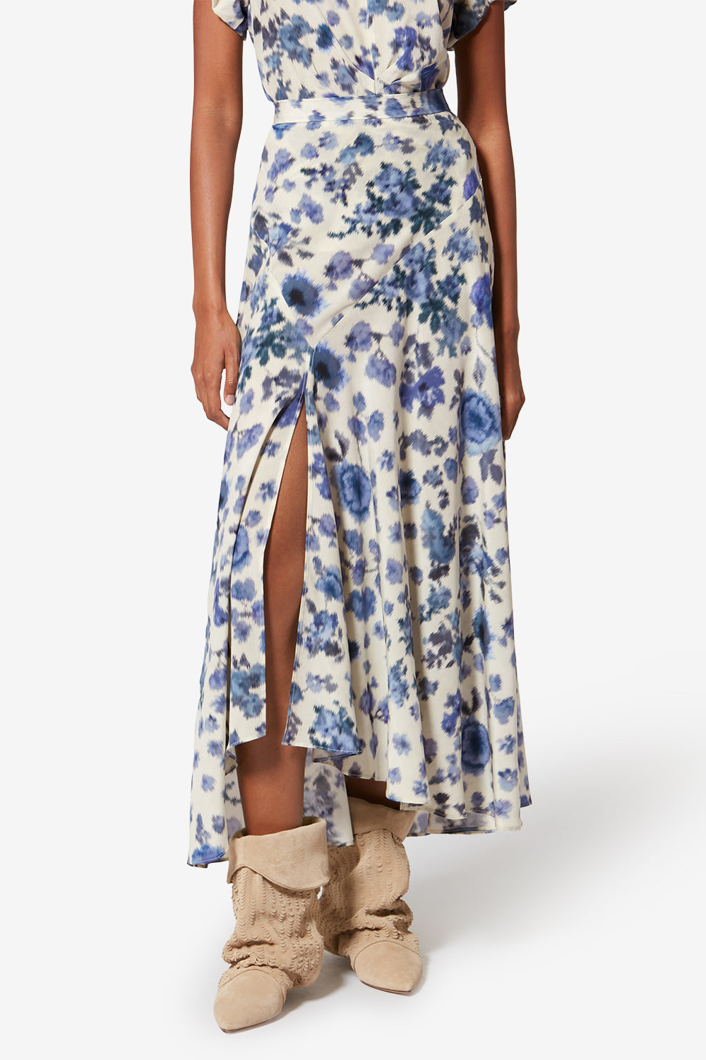 Sakura long printed stretch silk skirt - Blue - Woman - 4