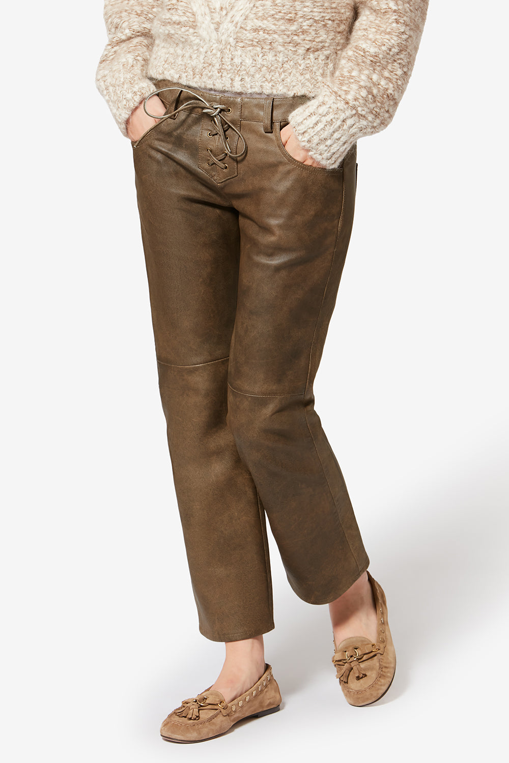Pantaloni in pelle di agnello lucida vanel - Vintage brown - Woman - 4