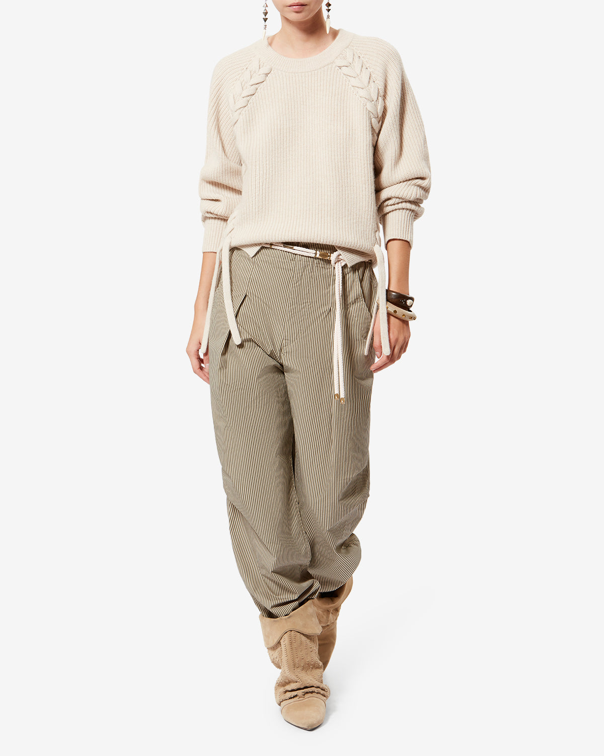 Pantaloni ampi in cotone a righe ceryne - Beige-khaki - Woman - 1