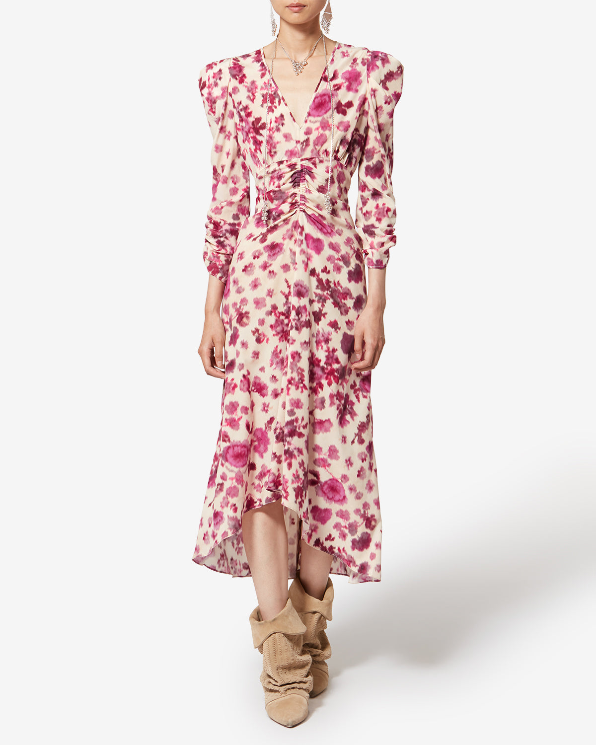 Abito lungo in seta stretch stampata albini - Rosa - Woman - 1