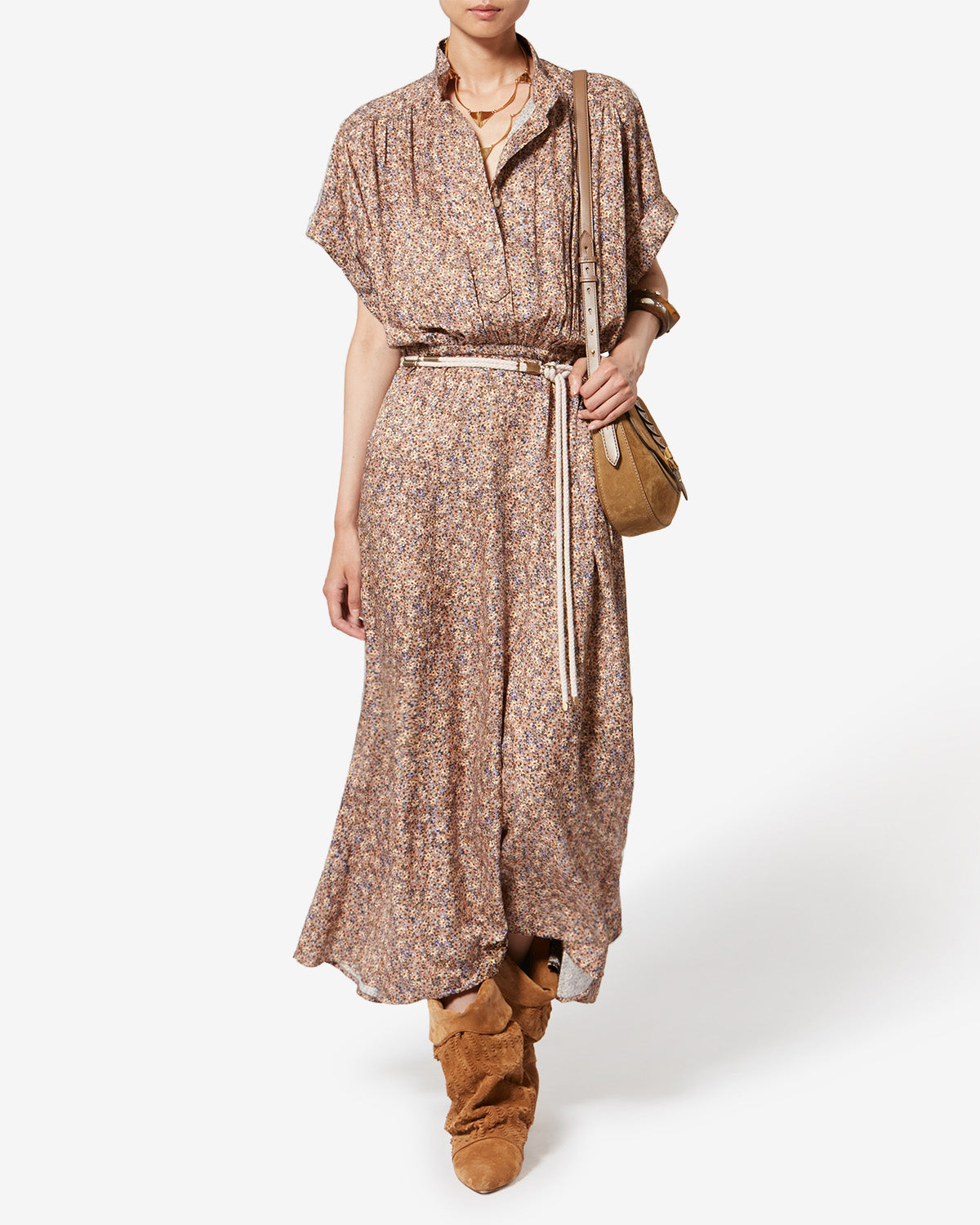 Robe longue en jacquard de soie fleuri ansley - Ocre - Woman - 1