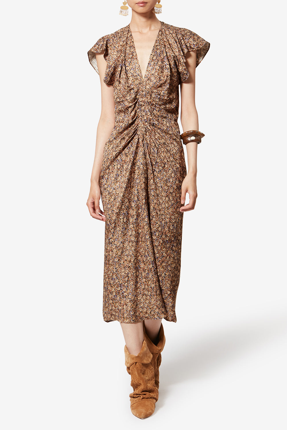 Robe drapée en jacquard de soie fleuri lindsay - Ocre - Woman - 2