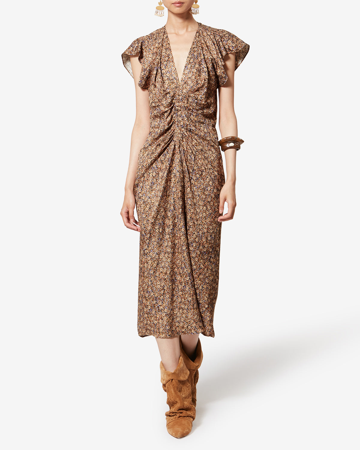 Robe drapée en jacquard de soie fleuri lindsay - Ocre - Woman - 1