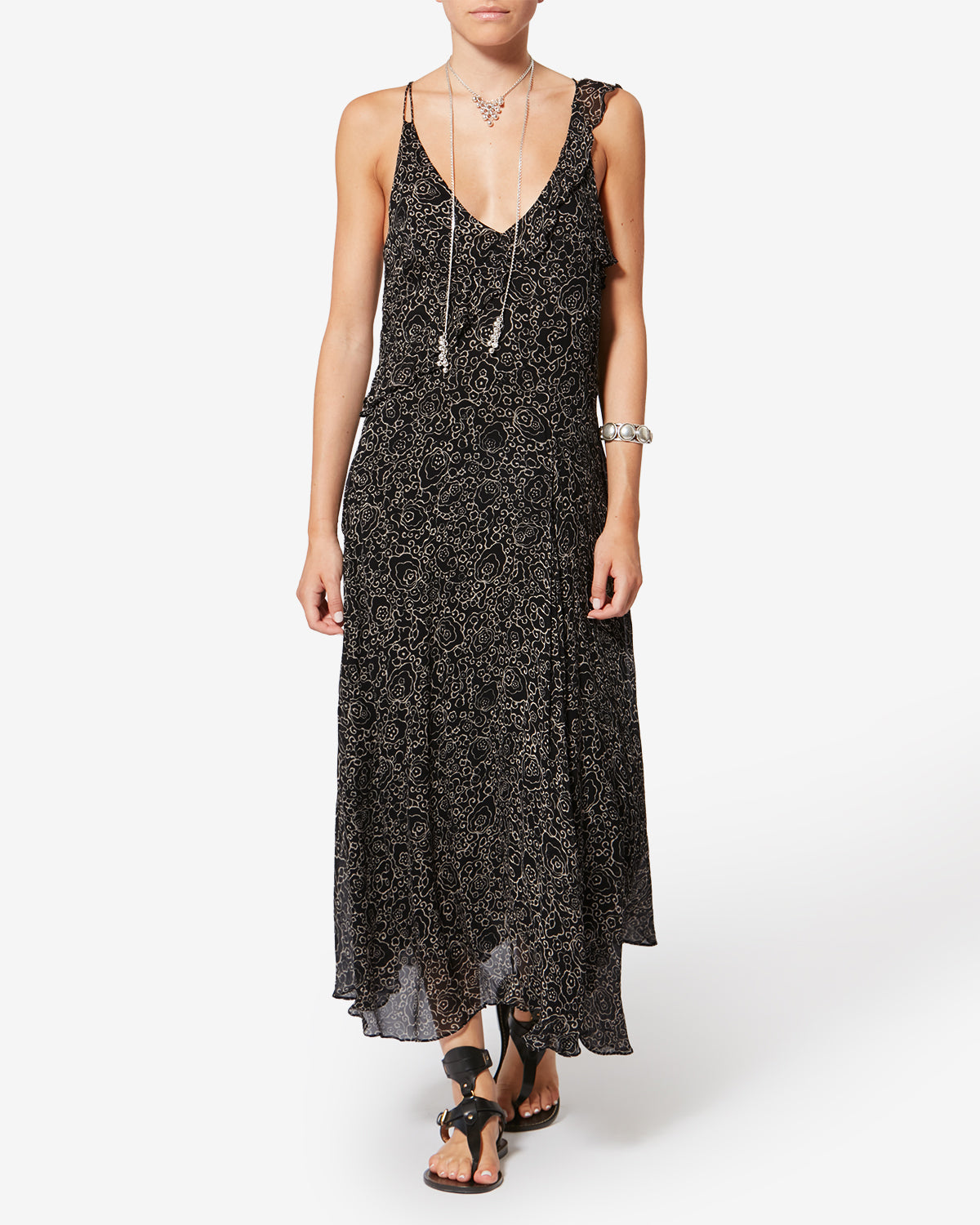 Robe longue a fines bretelles luxie en mousseline imprimée - Noir et écru - Woman - 1