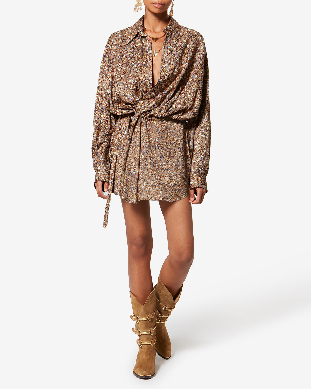 Harmony floral silk jacquard shirt dress - Ochre - Woman - 1