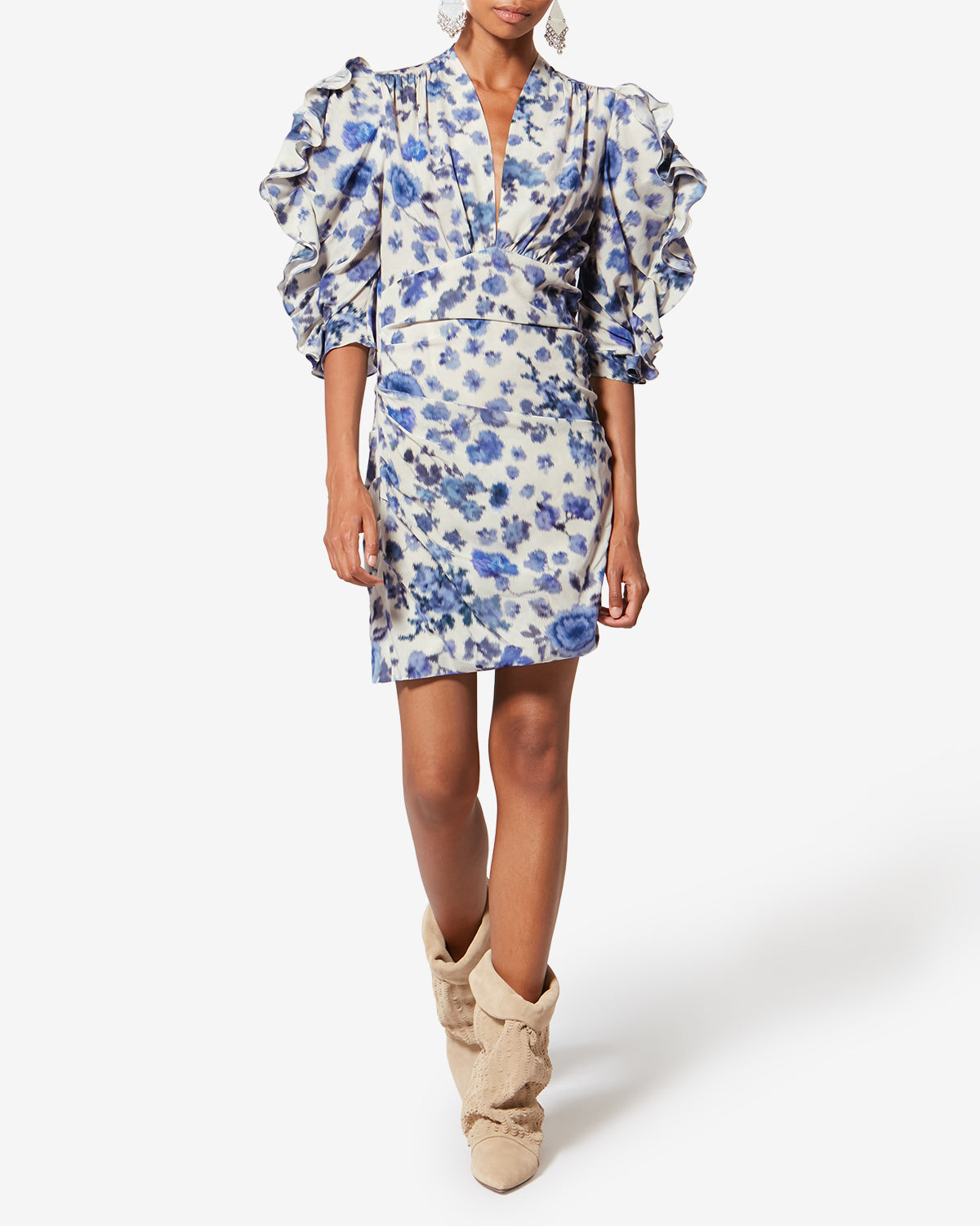 Vestido corto de seda elástica con estampado doris - Azul - Woman - 1