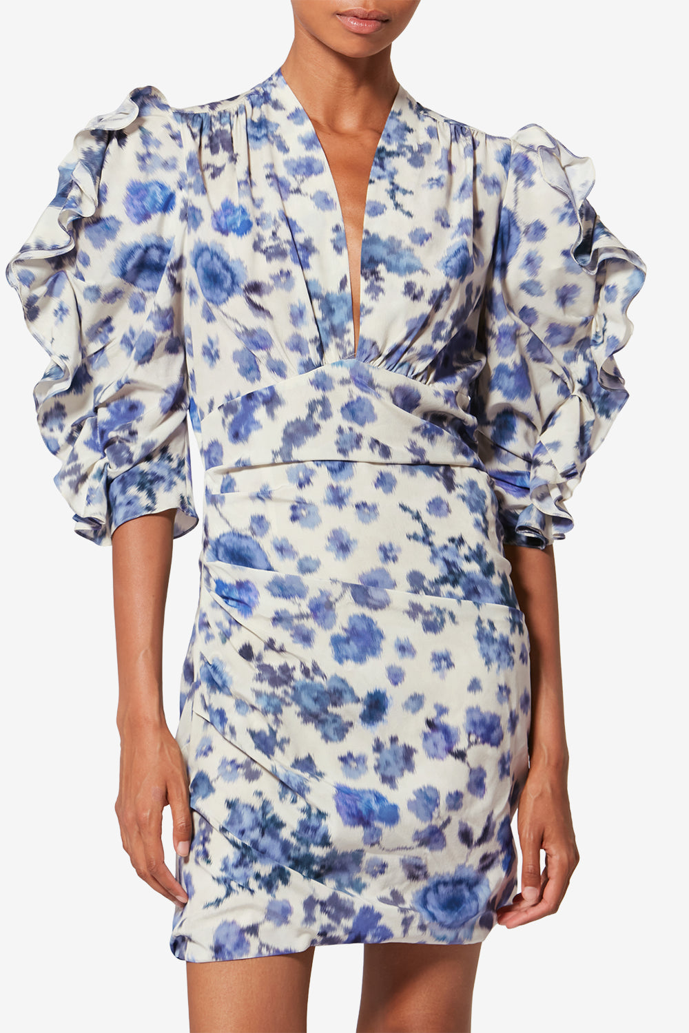 Doris short printed stretch silk dress - Blue - Woman - 4