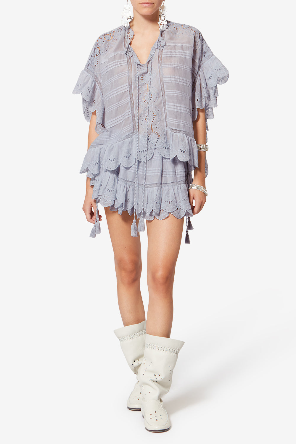 Puria short ruffled cotton and floral lace skort - Light blue - Woman - 2